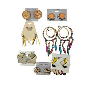 Vtg Earring Lot 6 Pairs Cato Fashion Bug Sassafras Boho Geometric Wood Beaded